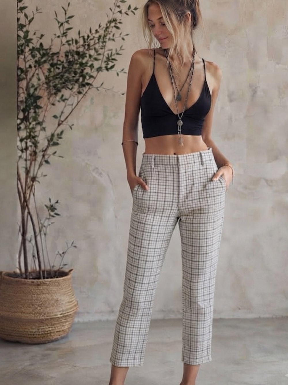 Joie Dicra Plaid Straight Leg Crop Pants Porcelain Size 8 New